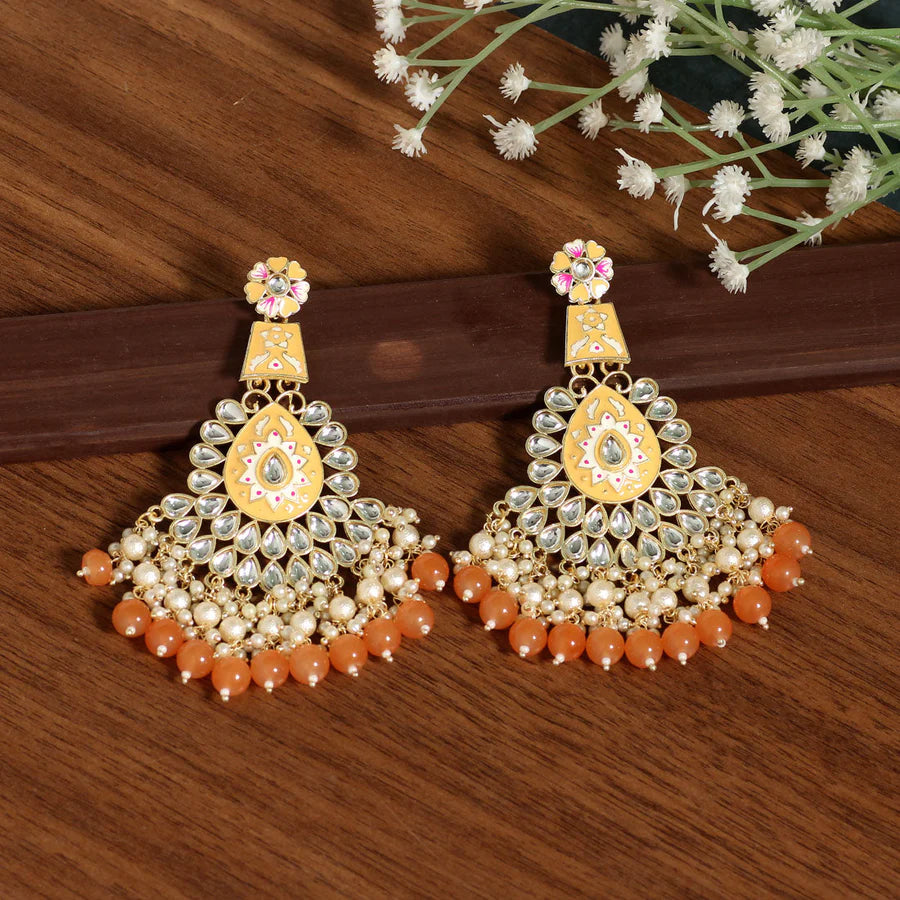 Meenakari Kundan & Imitation Pearls Jharoka Earrings Gold Plated Dangler Design Party Mehndi Wedding Eid Jewelry