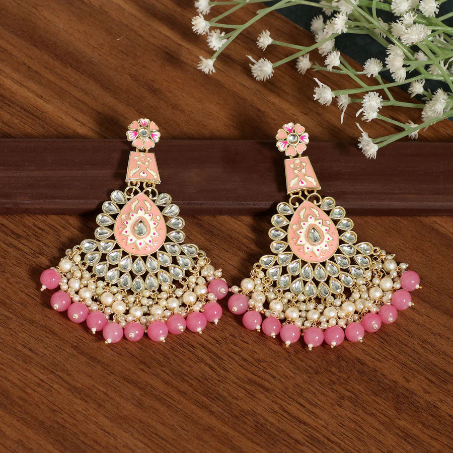 Meenakari Kundan & Imitation Pearls Jharoka Earrings Gold Plated Dangler Design Party Mehndi Wedding Eid Jewelry