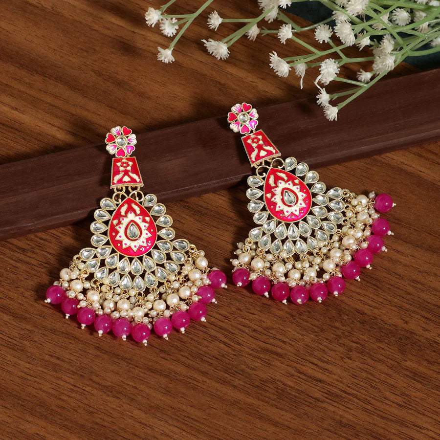 Meenakari Kundan & Imitation Pearls Jharoka Earrings Gold Plated Dangler Design Party Mehndi Wedding Eid Jewelry