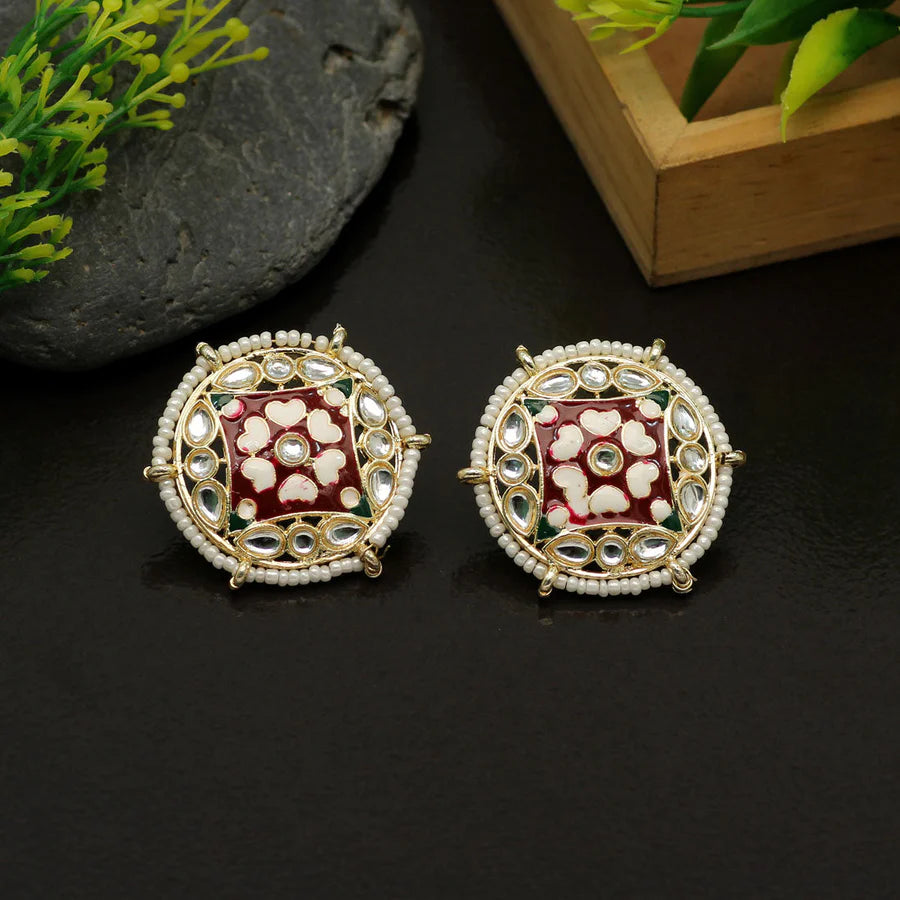 Earring Studs Women Kundan Meenakari Gold Plated 4-Corners Design Party Mehndi Wedding Eid Jewelry