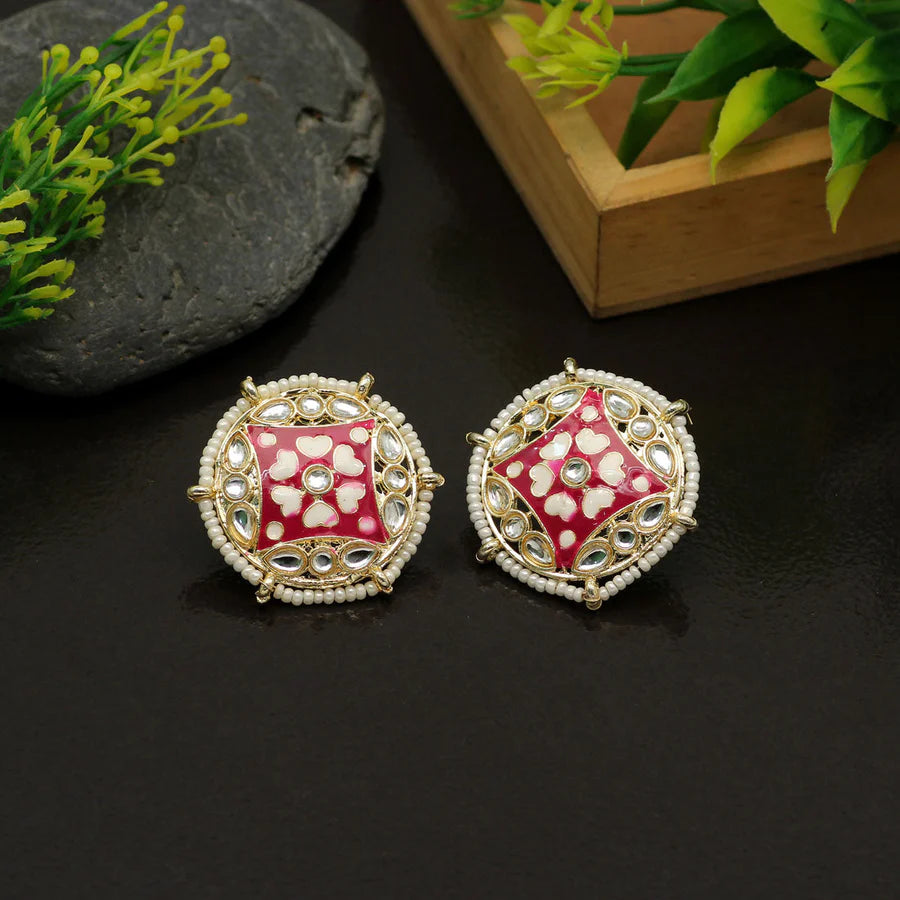 Earring Studs Women Kundan Meenakari Gold Plated 4-Corners Design Party Mehndi Wedding Eid Jewelry