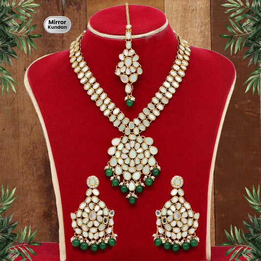 Kundan Mirror Necklace Pendant Set Green Color Imitation Pearls Gold Plated Wedding Bridal Jewelry