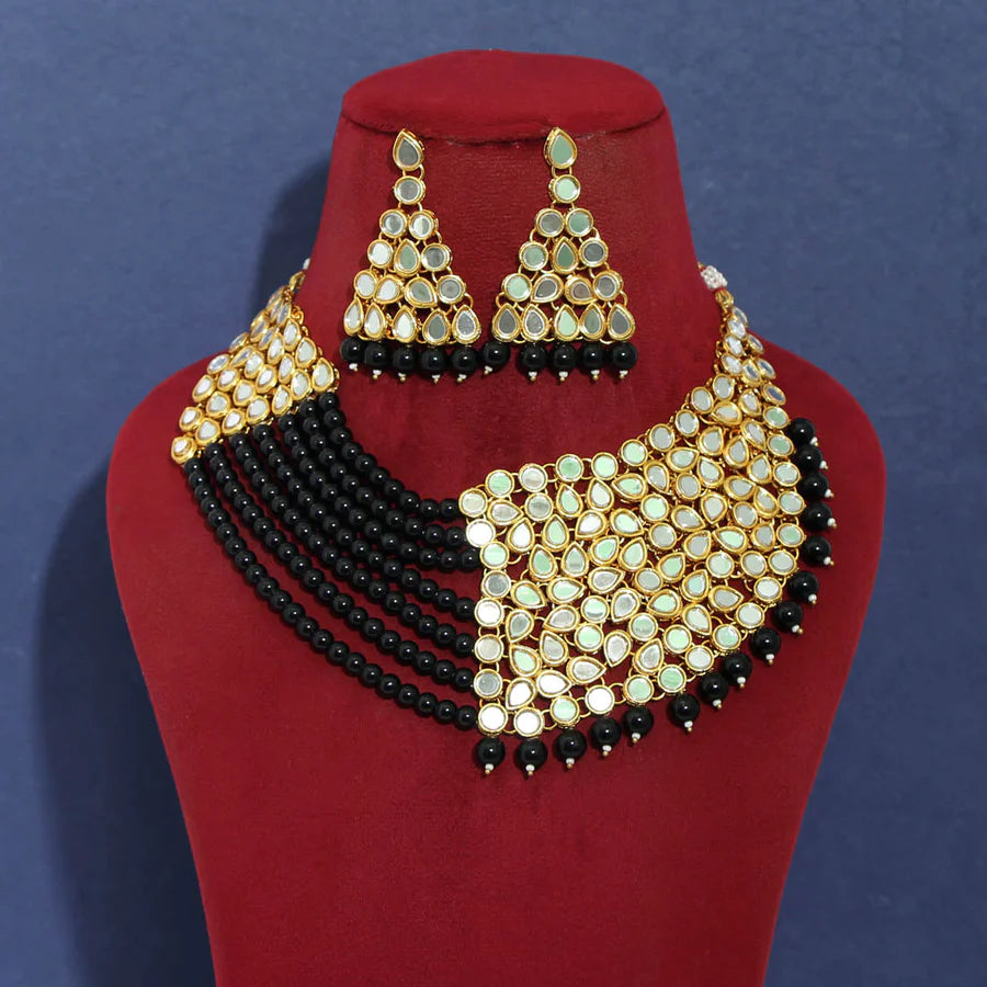 Kundan Mirror Necklace Sets Imitation Pearls Gold Plated Party Gift Wedding Jewelry