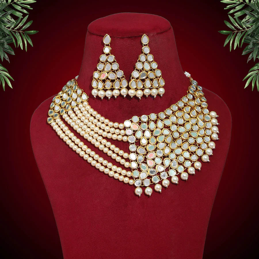 Kundan Mirror Necklace Sets Imitation Pearls Gold Plated Party Gift Wedding Jewelry