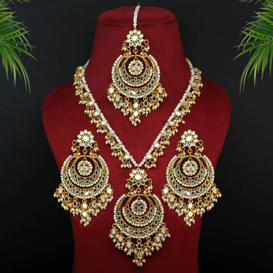 Kundan Mirror Necklace Pendant Sets Imitation Pearls Gold Plated Wedding Bridal Jewelry