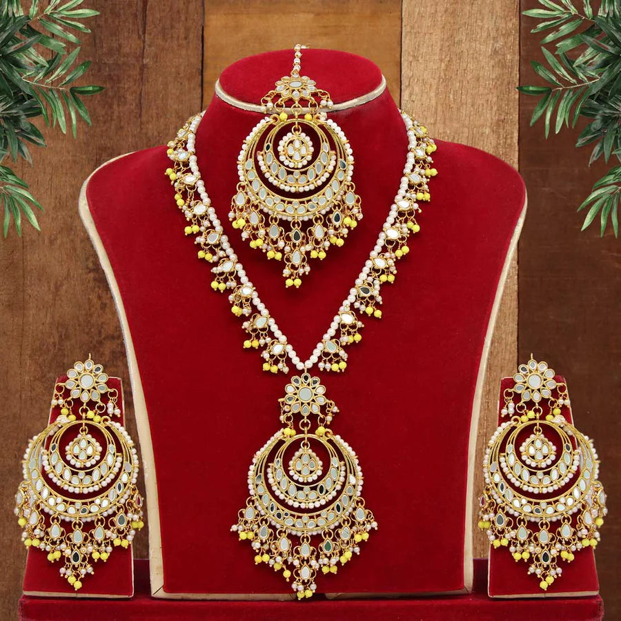 Kundan Mirror Necklace Pendant Sets Imitation Pearls Gold Plated Wedding Bridal Jewelry