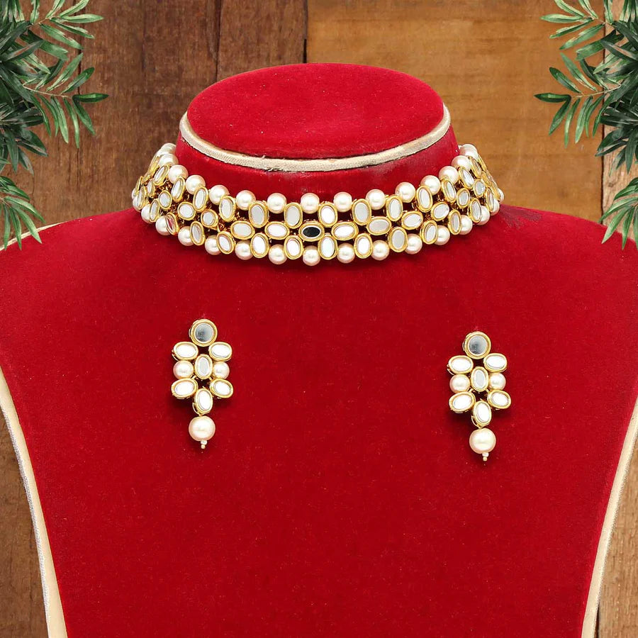 Kundan Mirror Necklace Choker Sets Imitation Pearls Gold Plated Light Girls Party Jewelry