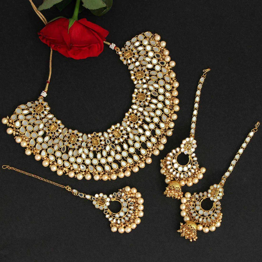 Kundan Mirror Necklace Sets Imitation Pearls Gold Plated Wedding Bridal Jewelry