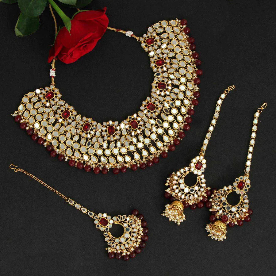 Kundan Mirror Necklace Sets Imitation Pearls Gold Plated Wedding Bridal Jewelry