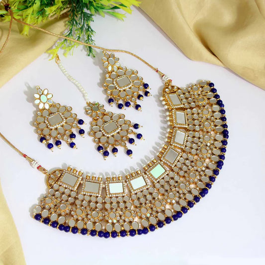 Kundan Mirror Necklace Set Blue Color Imitation Pearls Gold Plated Wedding Bridal Jewelry