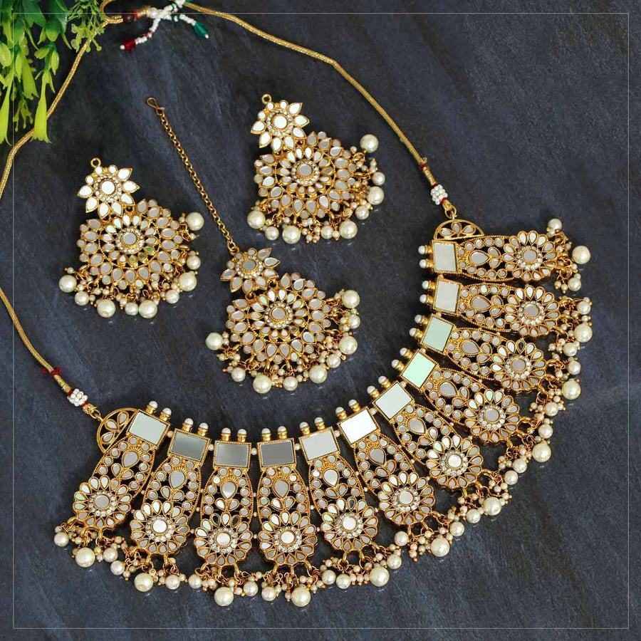 Kundan Mirror Necklace Set White Color Imitation Pearls Gold Plated Wedding Bridal Jewelry