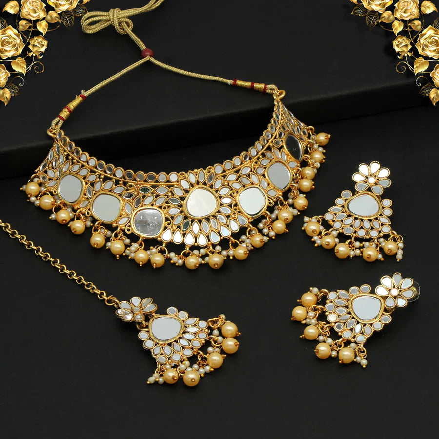 Kundan Mirror Choker Necklace Sets Imitation Pearls Gold Plated Wedding Bridal Jewelry