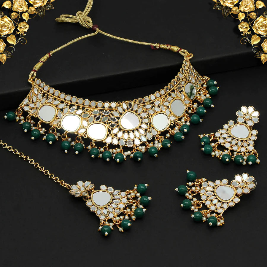 Kundan Mirror Choker Necklace Sets Imitation Pearls Gold Plated Wedding Bridal Jewelry