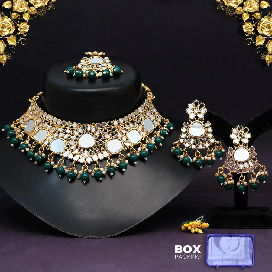 Kundan Mirror Choker Necklace Sets Imitation Pearls Gold Plated Wedding Bridal Jewelry