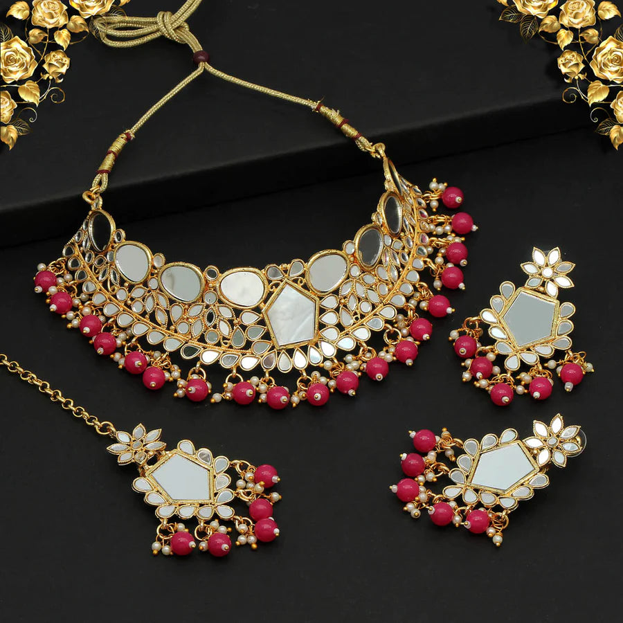 Kundan Mirror Choker Necklace Sets Imitation Pearls Gold Plated Wedding Bridal Jewelry