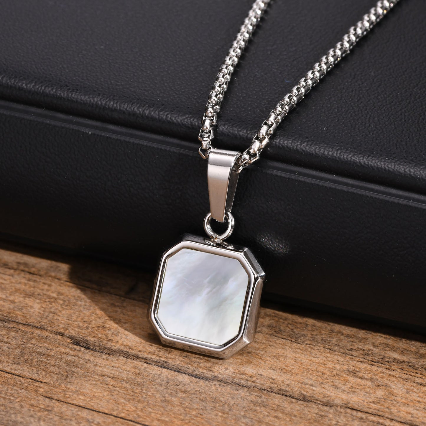 Necklace Stainless Steel Epoxy Black Square Pendant Men/Boys Fashion Jewelry