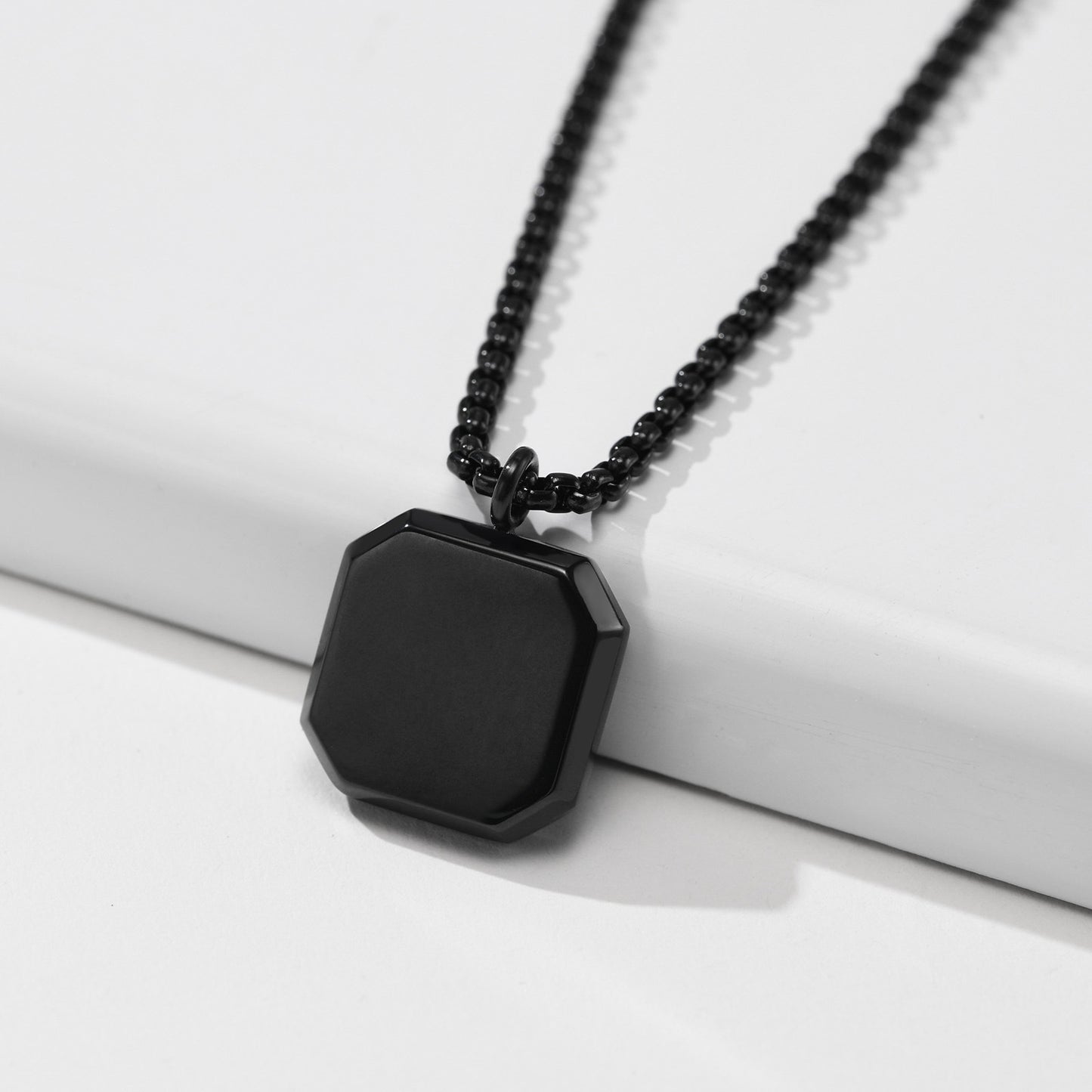 Necklace Stainless Steel Epoxy Black Square Pendant Men/Boys Fashion Jewelry