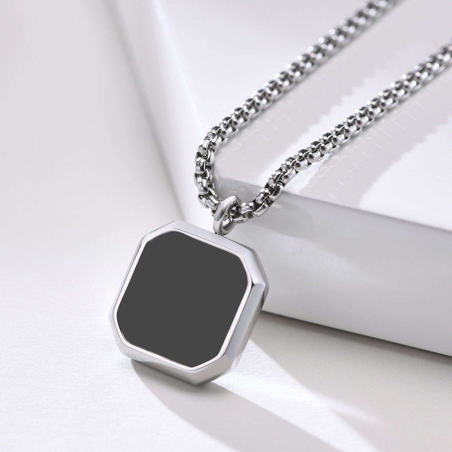 Necklace Stainless Steel Epoxy Black Square Pendant Men/Boys Fashion Jewelry