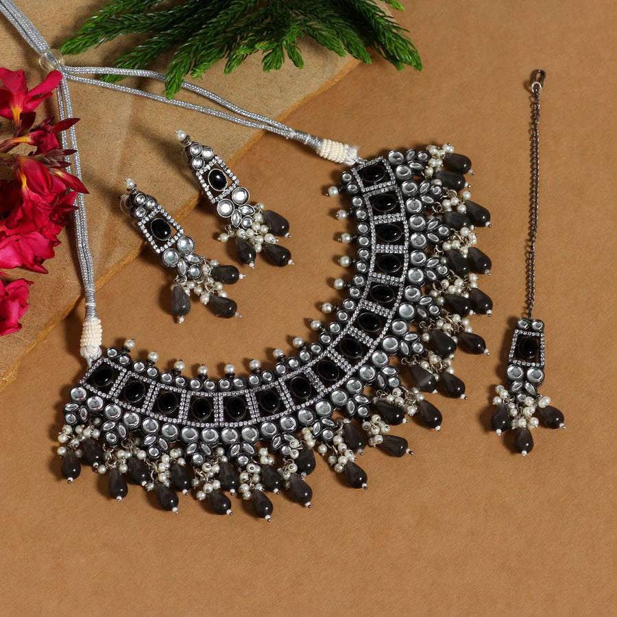 Gray Color Black Silver Brass Premium American Diamond Bridal party Necklace Set