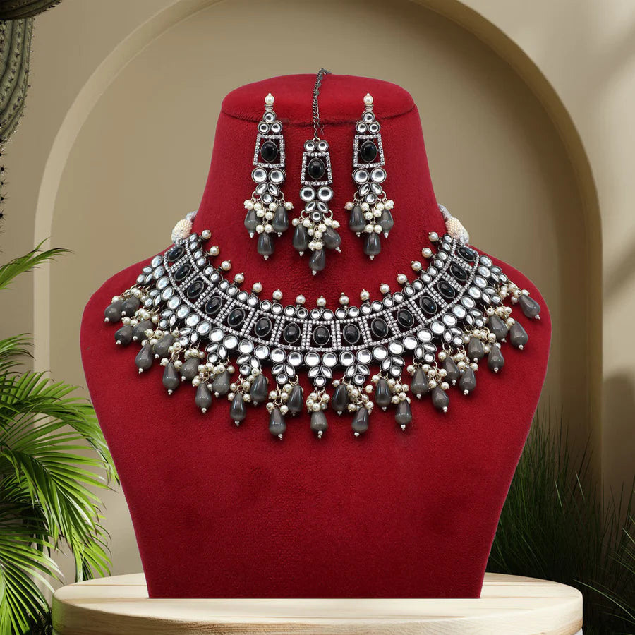 Gray Color Black Silver Brass Premium American Diamond Bridal party Necklace Set