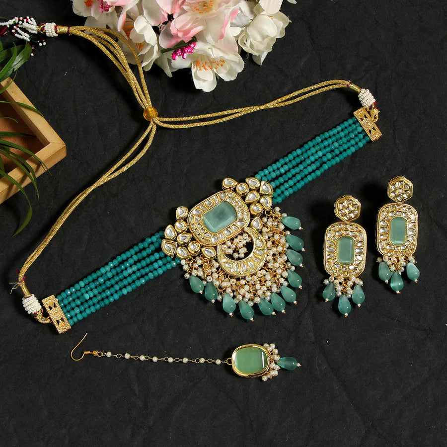 Necklace Set Women Rama Green Color Choker Premium Kundan Set Bridal Wedding Party Gift Jewelry