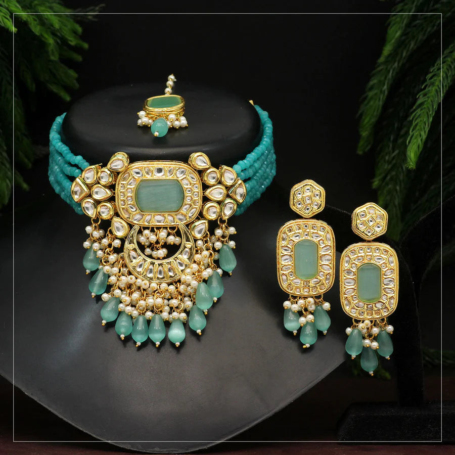 Necklace Set Women Rama Green Color Choker Premium Kundan Set Bridal Wedding Party Gift Jewelry