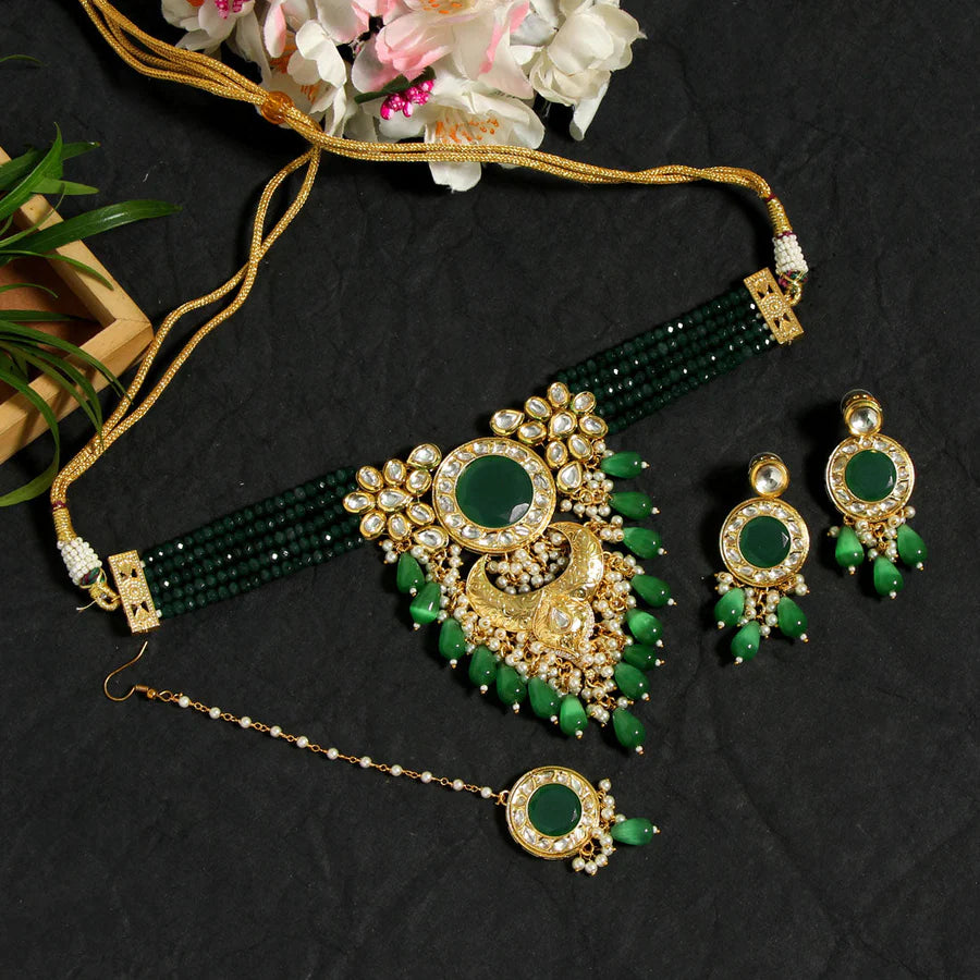 Necklace Set Women Green Color Choker Premium Kundan Set Bridal Wedding Party Gift Jewelry Set