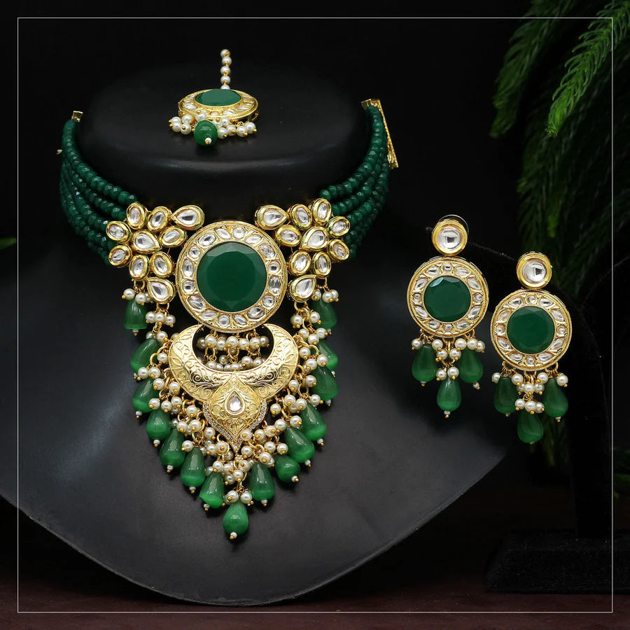 Necklace Set Women Green Color Choker Premium Kundan Set Bridal Wedding Party Gift Jewelry Set