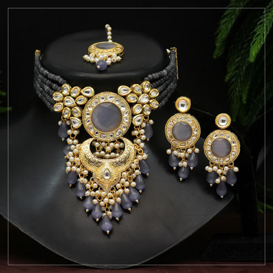 Necklace Set Women Gray Color Choker Premium Kundan Set Bridal Wedding Party Gift Jewelry