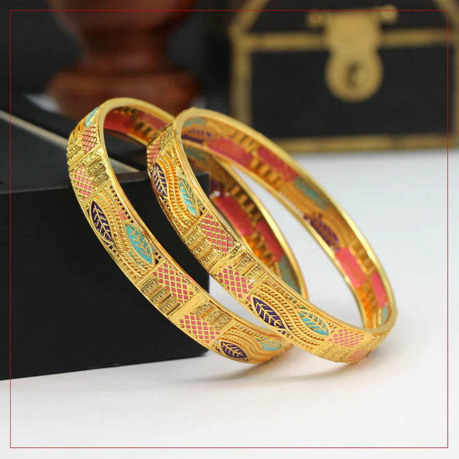 Multi Color Set Of Bangles For Women Pink & Aqua Green leaves Design Gold Plated Wedding Party Gift Party Hand Jewelry