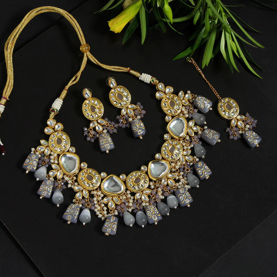 Necklace Set Women Gray Color Premium Meenakari Set Bridal Wedding Party Gift Jewelry