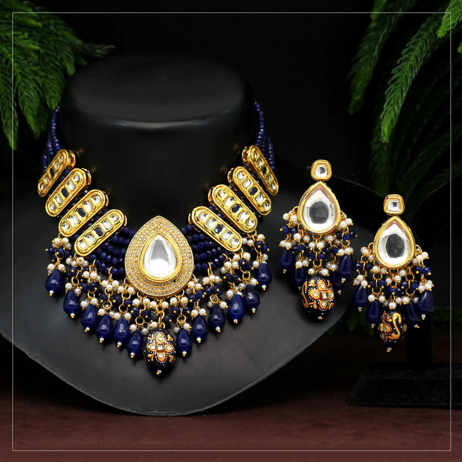 Necklace Set Bridal Wedding Party Gift Women Jewelry Blue Color American Diamond Premium Polki Design