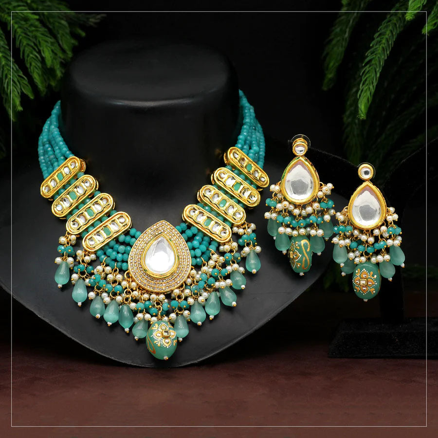 Necklace Set Women Rama Green Color American Diamond Premium Polki Set Bridal Wedding Party Gift Jewelry Set