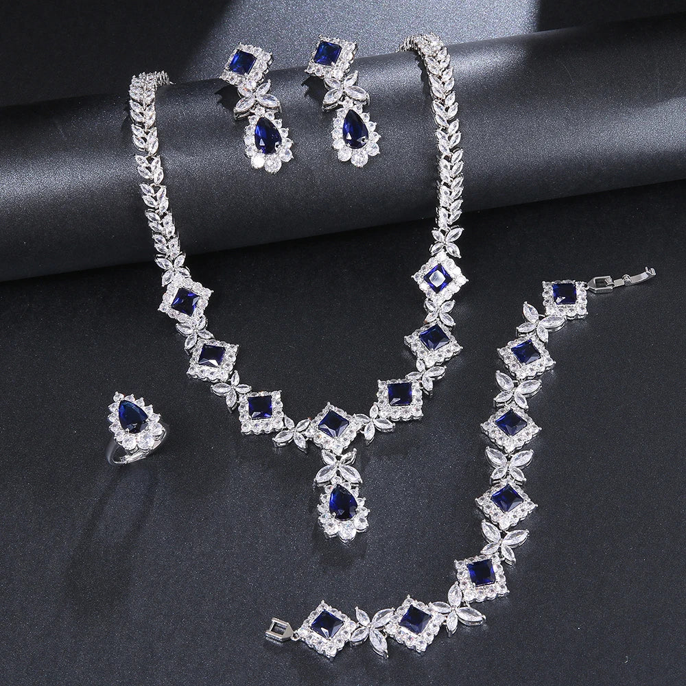 Necklace 4 pcs For Women Zircons Luxury Big Green CZ  Wedding Bridal Party Jewelry Sets