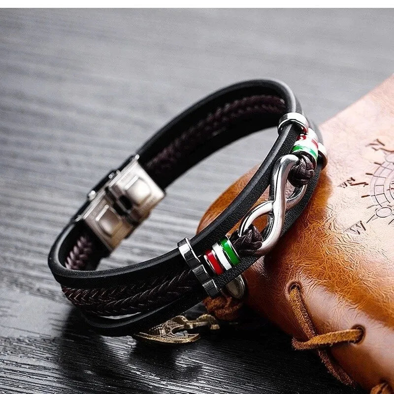 Bracelet Daily Wear Multilayer Braided Leather Wrap Mature Men's Cool Trendy Casual Folding Buckle