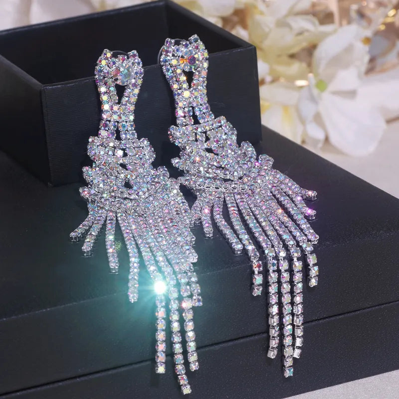 Earrings for Women Fashion Luxury Sparkling Crystal Rhinestone Drop Dangle Long Tassel Wedding Party Gift Jewelry