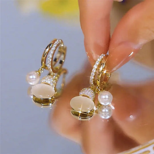 Earrings for Women Elegant Delicate Micro Paved Zircon Opal Pearl Pendant Gold Color Unique Design Jewelry Gifts