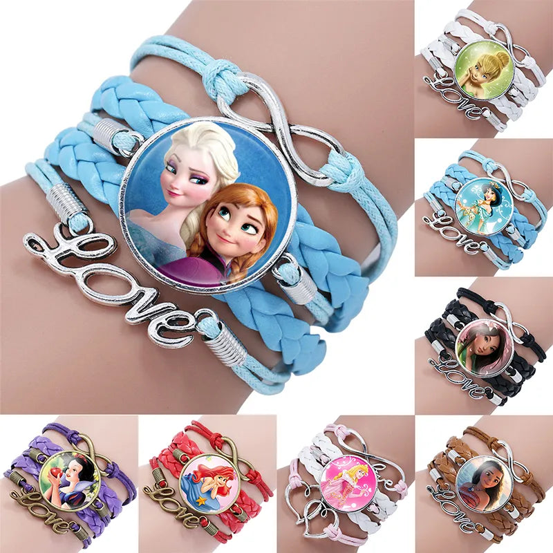 Bracelet For Girls Disney Princess Frozen Elsa Anna Cinderella Moana Princess Anime Figure Series Gemstone Wristband Girl Jewelry Gifts