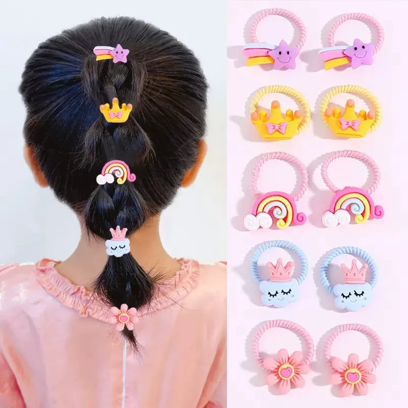 Hair Bands For Girls 10PCS/Set Cute Cartoon Flower Animal Small Elastic Ponytail Holder Casual Headwear