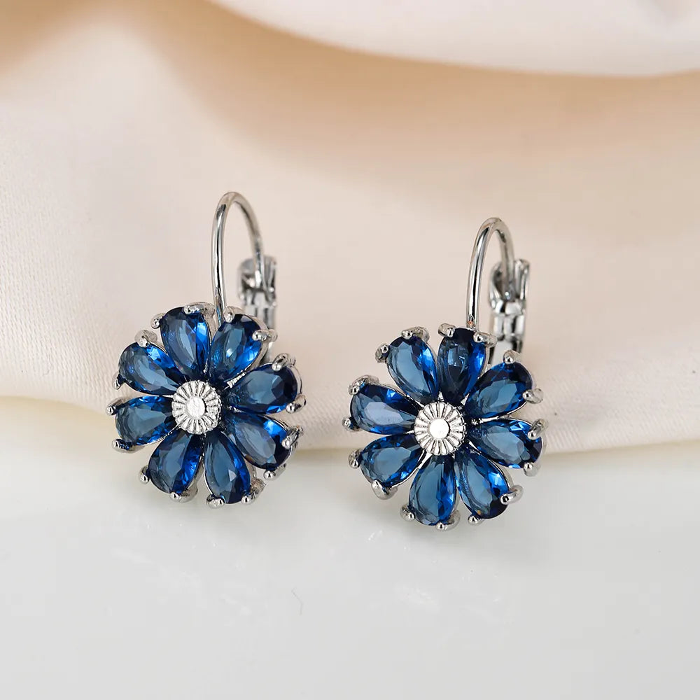 Earrings for Women Fashion Flower Green Blue Red Zirconia Hoop Earrings Party Jewelry Gift