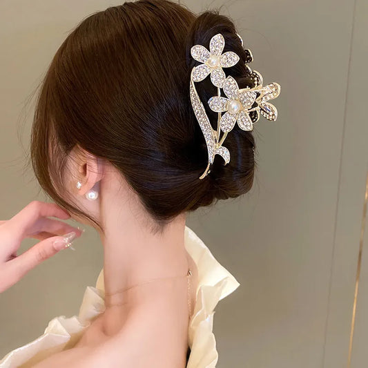 Hair Claw Clip For Women Luxury Flower Rhinestone Pearl Elegant Hair Accessories Gift