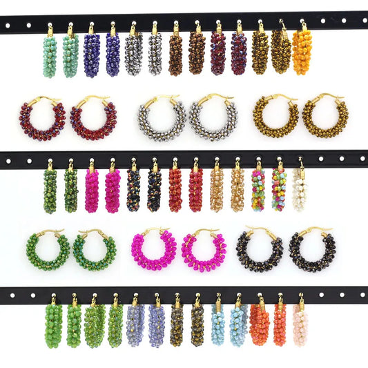 Earrings For Women Fashion Street Shooting Color Crystal Beads Winding Hoop Earrings Stainless Steel Gold-plated Trend Jewelry