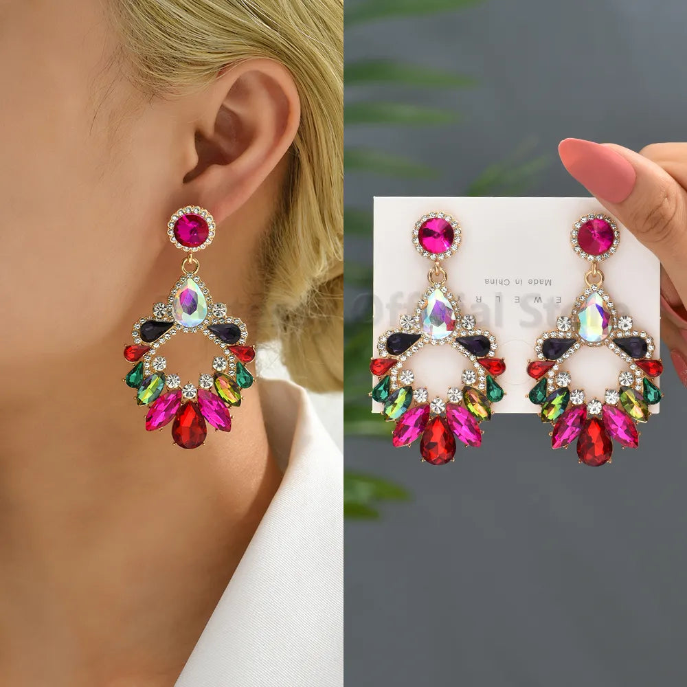 Earrings For Women Colorful Series Shiny Rhinestone Big Studs Trend Luxury Round Fashion Jewelry Girl Party Accessories