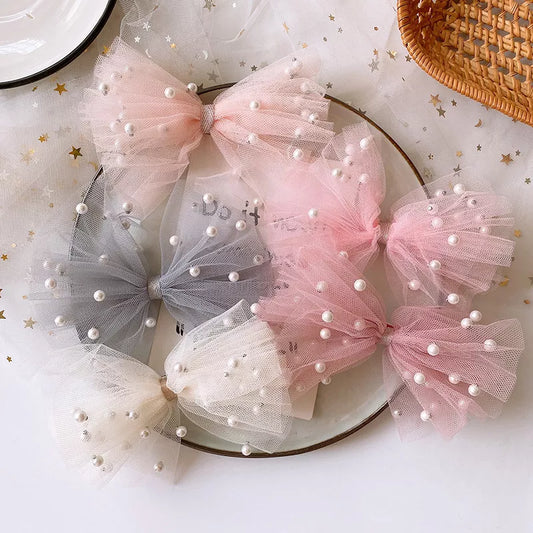 Hair Bow Clips Imitation Pearl Yarn Bow Duckbill Clip Girls