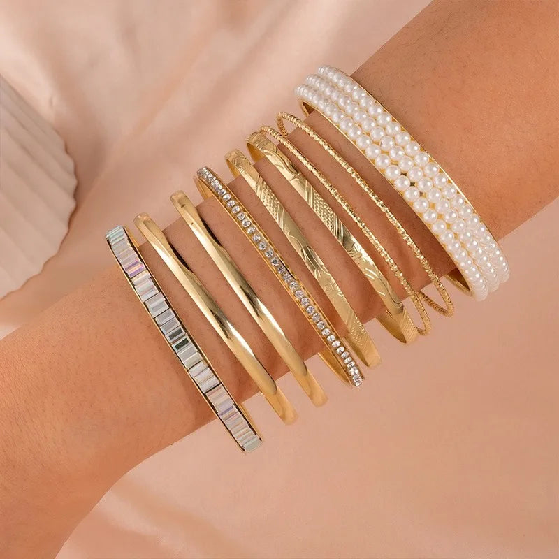 Bangle Bracelet Set Luxury Gold Color Bohemian Multi-layer Geometric Crystal Pearls Fashion Jewelry