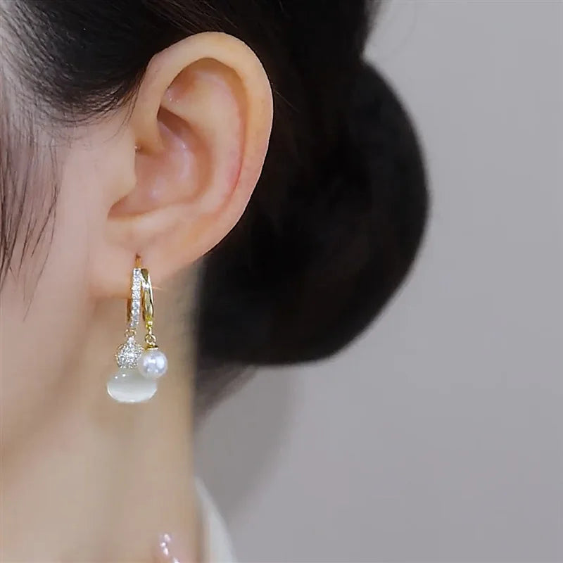 Earrings for Women Elegant Delicate Micro Paved Zircon Opal Pearl Pendant Gold Color Unique Design Jewelry Gifts