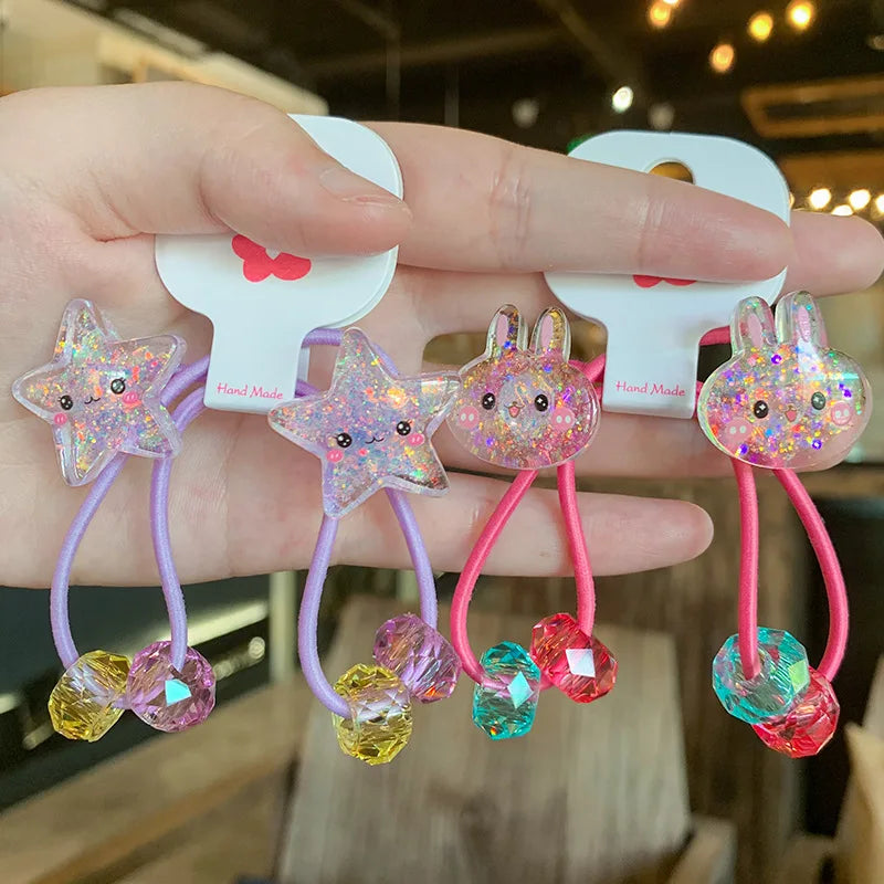 Hair Rubber Bands Girls 2pcs/set Kids Cartoon Rabbit Elastic Glitter Flowers Girls Hair Accessories