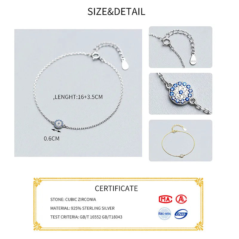 Bracelet For Women Real 925 Sterling Silver Zircon Talisman Blue Eyes Accessories For Fashion Jewelry Gift