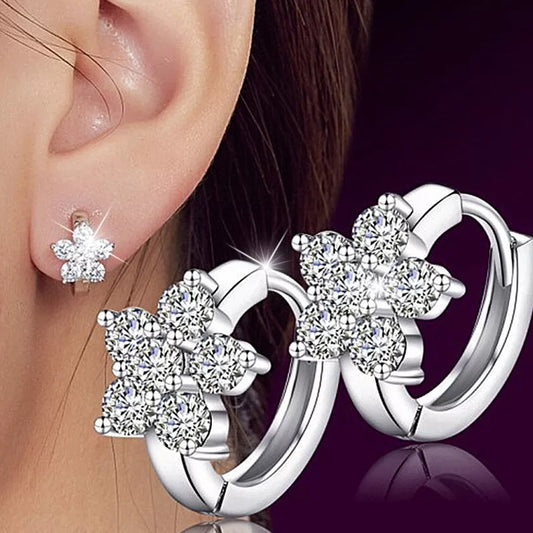 Earrings Hoop Style Zirconia Flower 925 Sterling Silver Small Round Loop Girls Jewelry