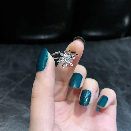 Rings Sweet CZ Elegant Fashionable Rotating Snowflake Silver Color Open Adjustable